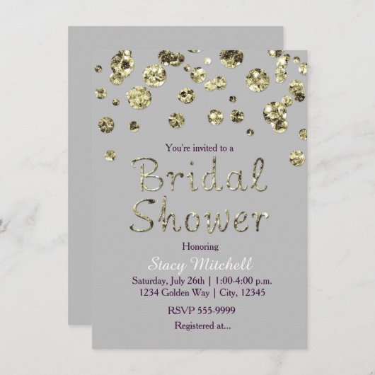 Grijs & Goud Glitter Bruids Douche Uitnodiging (Voorkant / Achterkant)