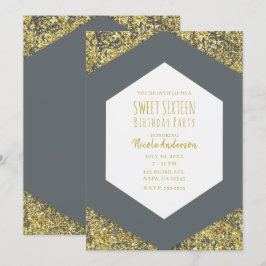 Grijs & Goud Glittervlokken Glam Sweet 16 Feestje Kaart
