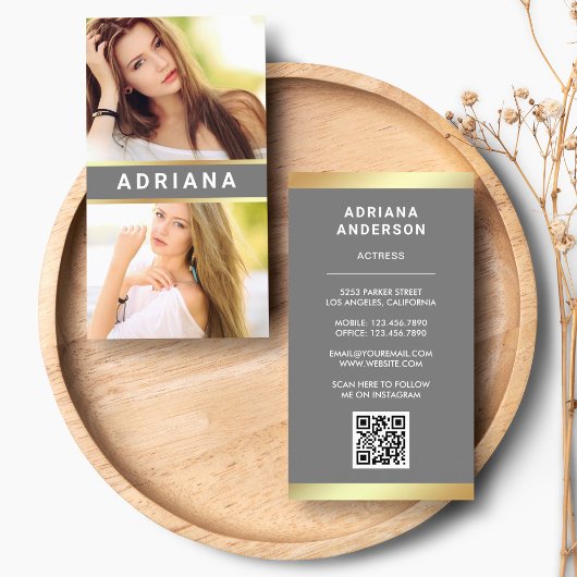 Grijs Goud Model Actrice QR Code 2 Foto Collage Visitekaartje