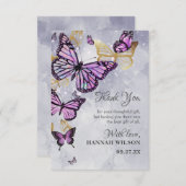 Grijs Goud Paarse Vlinder Elegante Bruidsdouche Bedankkaart (Voorkant / Achterkant)