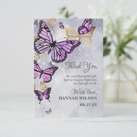 Grijs Goud Paarse Vlinder Elegante Bruiloft Feest Bedankkaart (Staand voorkant)