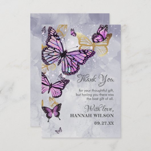 Grijs Goud Paarse Vlinder Elegante Bruiloft Feest Bedankkaart (Voorkant / Achterkant)