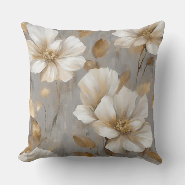 Grijs Goud Wit Bloemen Home Decor Kussen (Voorkant)