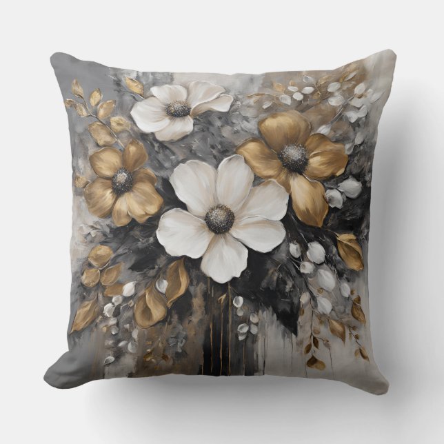 Grijs Goud Zwart Witte Bloemen Kussen (Voorkant)