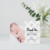 Grijs Gouden Kruis Dank u Baby Boy Foto Doop Briefkaart (Staand voorkant)