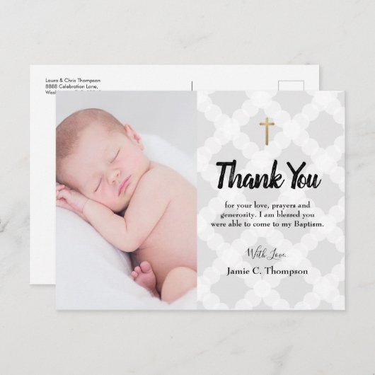Grijs Gouden Kruis Dank u Baby Boy Foto Doop Briefkaart (Voorkant / Achterkant)