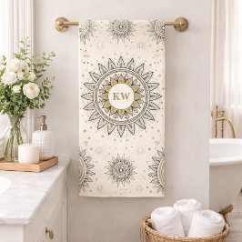 Grijs Gouden Mandala Patroon Monogram Bad Handdoek