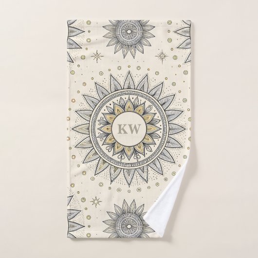Grijs Gouden Mandala Patroon Monogram Bad Handdoek (Handdoek)