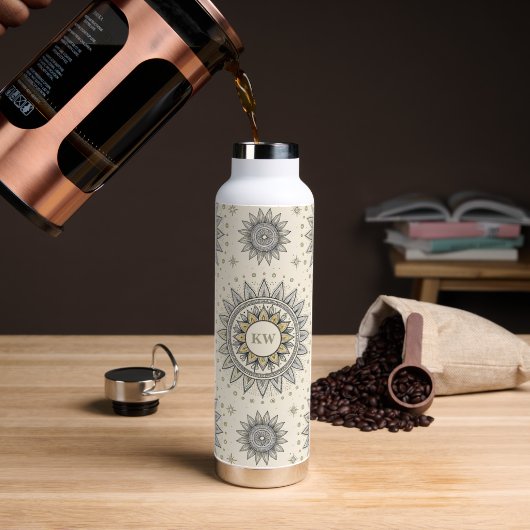 Grijs Gouden Mandala Patroon Monogram Waterfles (Koffie (Gedraaid) )