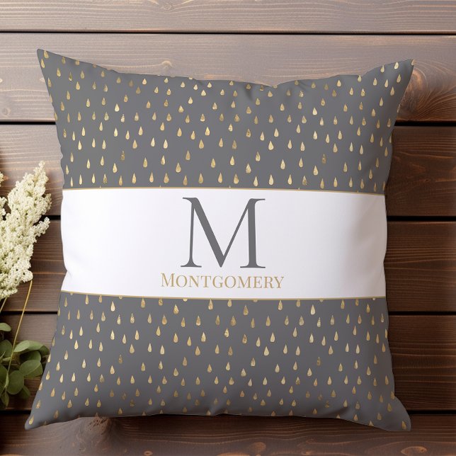 Grijs Gouden Regendruppel Modern Modieus Monogram Kussen (Creator heeft geüpload)