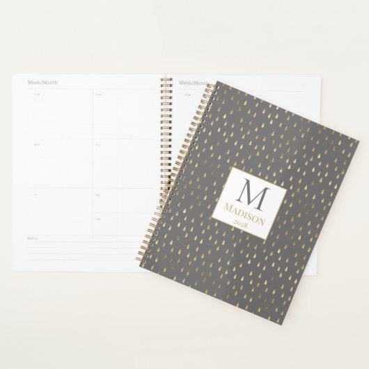 Grijs Gouden Regendruppel Modern Modieus Monogram Planner (Display)