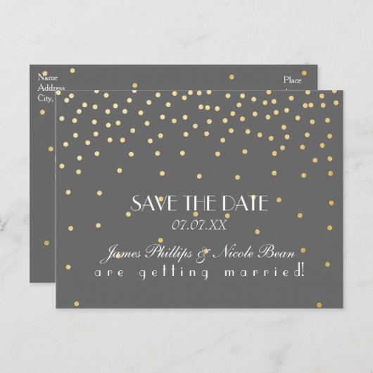 Grijs & Goudfolie Stippen Sla het datum Briefkaart (Voorkant / Achterkant)
