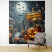Grijs grafveld Halloween hangende achtergrond Wandkleed (In situ)