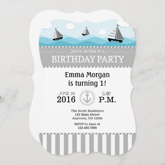 Grijs Grijs Blauw Nautische Verjaardag Uitnodiging (Voorkant / Achterkant)