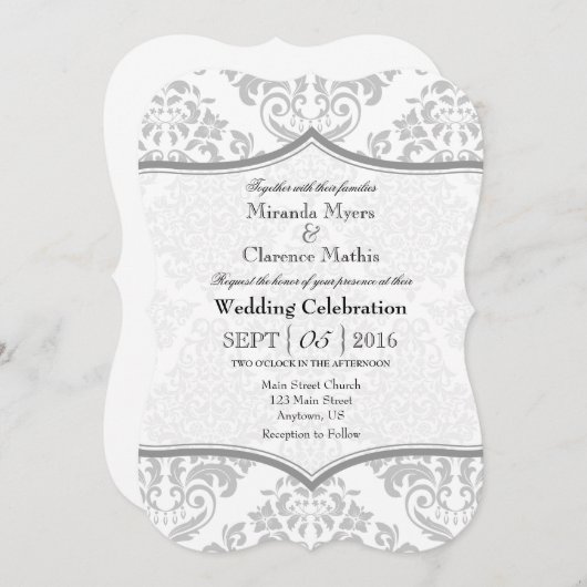 Grijs Grijs Wit Damast Bracket Bruiloft Uitnodigen Kaart (Voorkant / Achterkant)