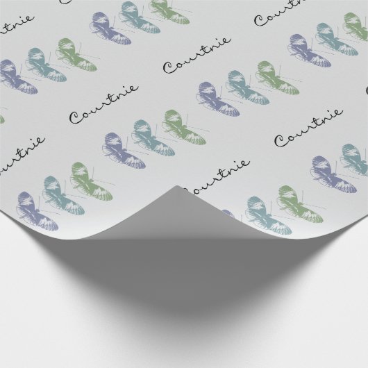 Grijs Groen Blauw Vlinders Gepersonaliseerde Verja Cadeaupapier (Hoek)