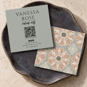 Grijs Groen Koraal Bloem Schone QR Code Vierkante Visitekaartje