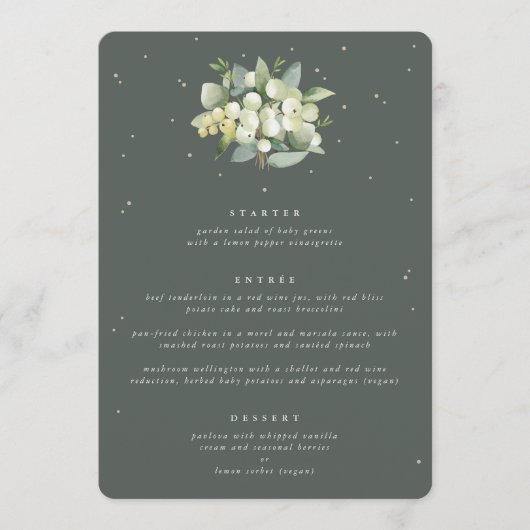 Grijs Groen Snowberry+Eucalyptus 3 Cursus Bruiloft Menu (Voorkant)
