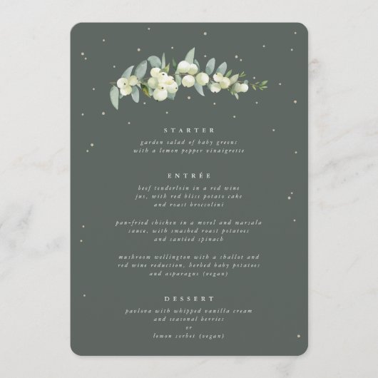 Grijs Groen Snowberry+Eucalyptus 3 Cursus Bruiloft Menu (Voorkant)