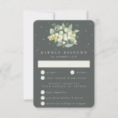 Grijs Groen Snowberry+Eucalyptus Boeket Bruiloft RSVP Kaartje (Voorkant)