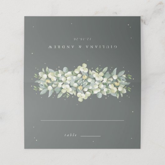 Grijs Groen Snowberry+Eucalyptus Bruiloft Plaatskaartje (Buitenkant ongevouwen)