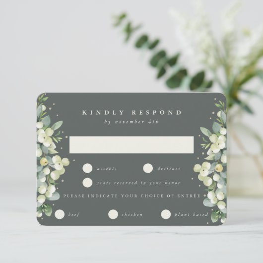 Grijs Groen Snowberry+Eucalyptus Rand Bruiloft RSVP Kaartje (Staand voorkant)