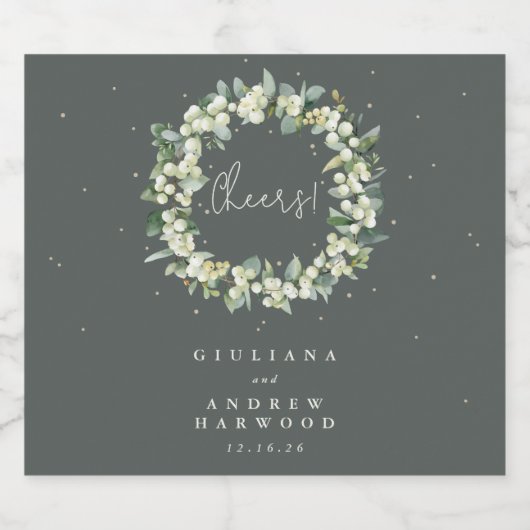 Grijs-Groen Snowberry+Eucalyptus Winter Bruiloft Bier Etiket (Enkel label)