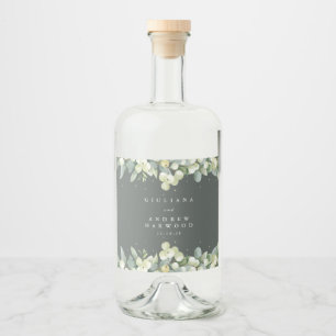Grijs Groen Snowberry+Eucalyptus Winter Bruiloft Likeurfles Etiket