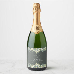 Grijs Groen Snowberry+Eucalyptus Winter Bruiloft Sparkling Wijnetiket