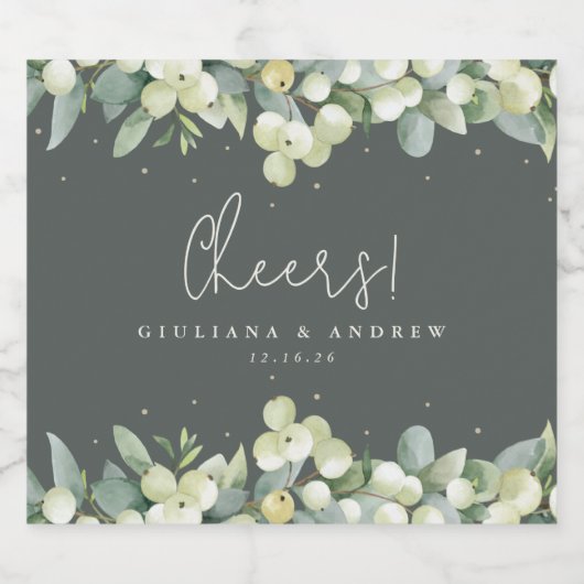 Grijs-Groen Snowberry+Eucalyptus Winter Bruiloft Sparkling Wijnetiket (Enkel label)