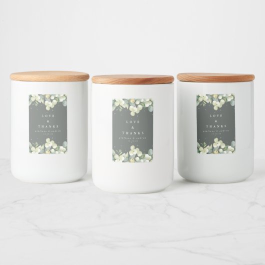 Grijs Groen Snowberry+Eucalyptus Winter Bruiloft Voedselcontainer Etiket (Flessen)