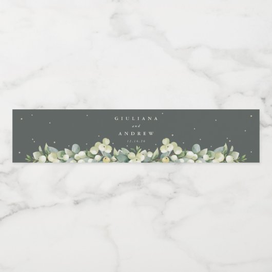 Grijs-Groen Snowberry+Eucalyptus Winter Bruiloft Waterfles Etiket (Enkel label)