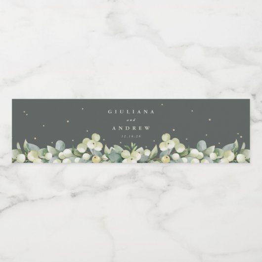 Grijs-Groen Snowberry+Eucalyptus Winter Bruiloft Waterfles Etiket (Enkel label)