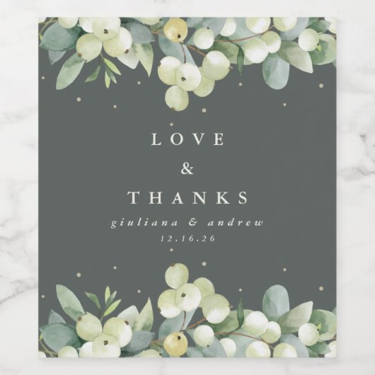 Grijs-Groen Snowberry+Eucalyptus Winter Bruiloft Wijn Etiket (Enkel label)