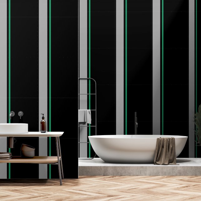 Grijs + Groen Verticaal Stripe Zwart Behang (Badkamer)
