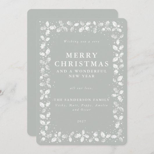 Grijs-groene handgedrukte hulst feestdagenkaart (Voorkant / Achterkant)