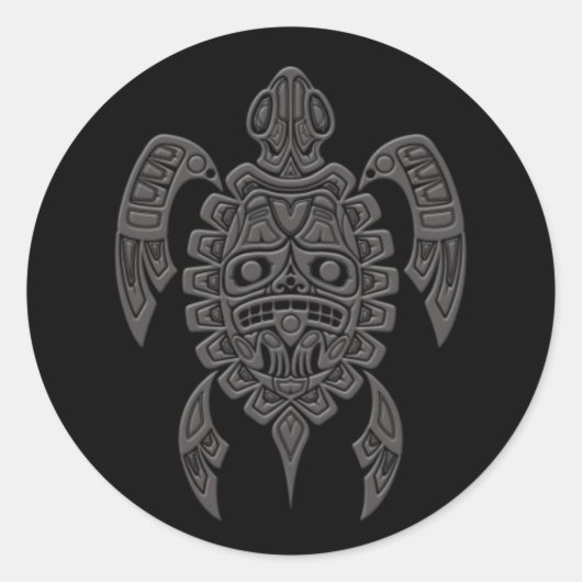 Grijs Haida Spirit Zee Schildpad op Zwart Ronde Sticker (Voorkant)