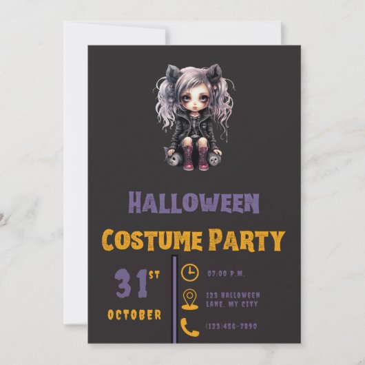 Grijs Haired Gothic Meisje Zwart Halloween Invitat Kaart (Voorkant)