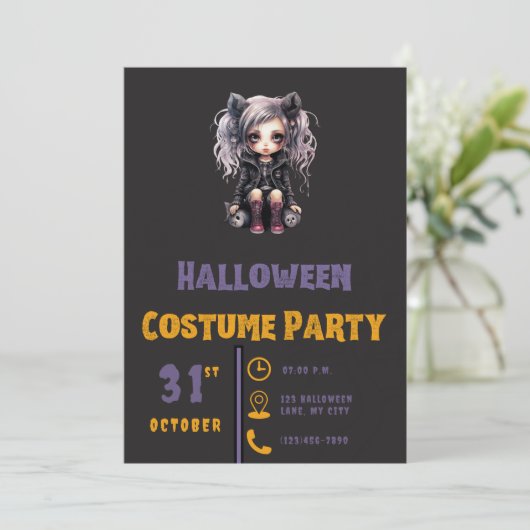 Grijs Haired Gothic Meisje Zwart Halloween Invitat Kaart (Staand voorkant)
