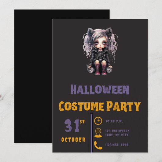 Grijs Haired Gothic Meisje Zwart Halloween Invitat Kaart (Voorkant / Achterkant)