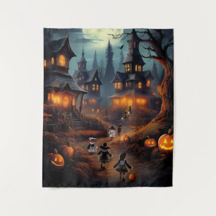 Grijs Halloween-dorp met trick-or-treaters Wandkleed