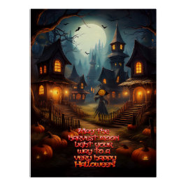 Grijs Halloween-dorp met vogelverschrikker Perfect Poster