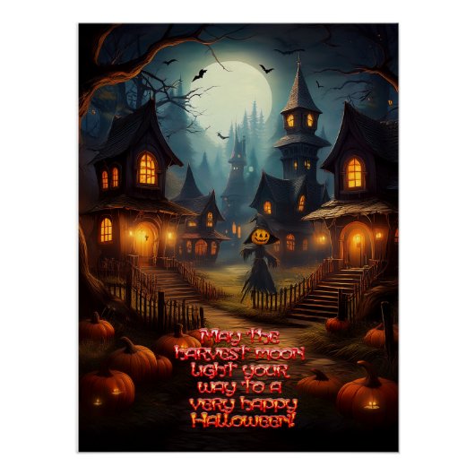 Grijs Halloween-dorp met vogelverschrikker Perfect Poster (Voorkant)