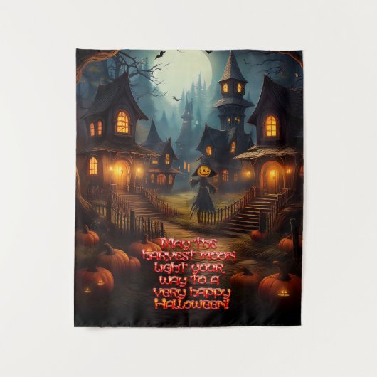 Grijs Halloween-dorp met vogelverschrikker Wandkleed (Voorkant)