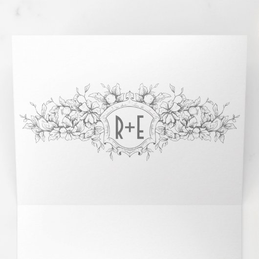 grijs heraldisch kam, initialen bruiloft drieluik uitnodiging (Binnenzijde eerst)