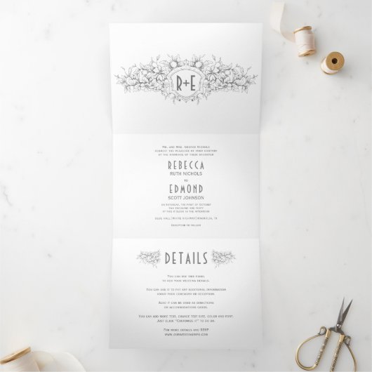  grijs heraldisch kam, initialen bruiloft drieluik uitnodiging (Binnen)