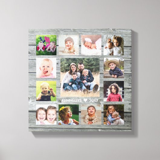Grijs Hout 13 Fotocollage Familienaam Keepsake Canvas Afdruk (Voorkant)