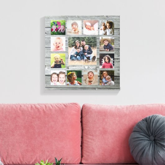 Grijs Hout 13 Fotocollage Familienaam Keepsake Canvas Afdruk (Insitu (Woonkamer))