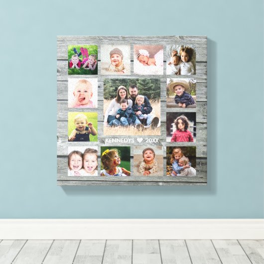 Grijs Hout 13 Fotocollage Familienaam Keepsake Canvas Afdruk (Insitu (Houten vloer))