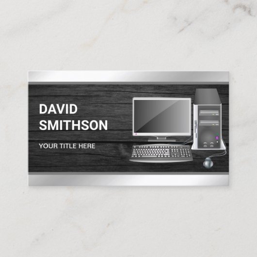 Grijs Hout Desktop PC Computer Reparatie Technicus Visitekaartje (Voorkant)